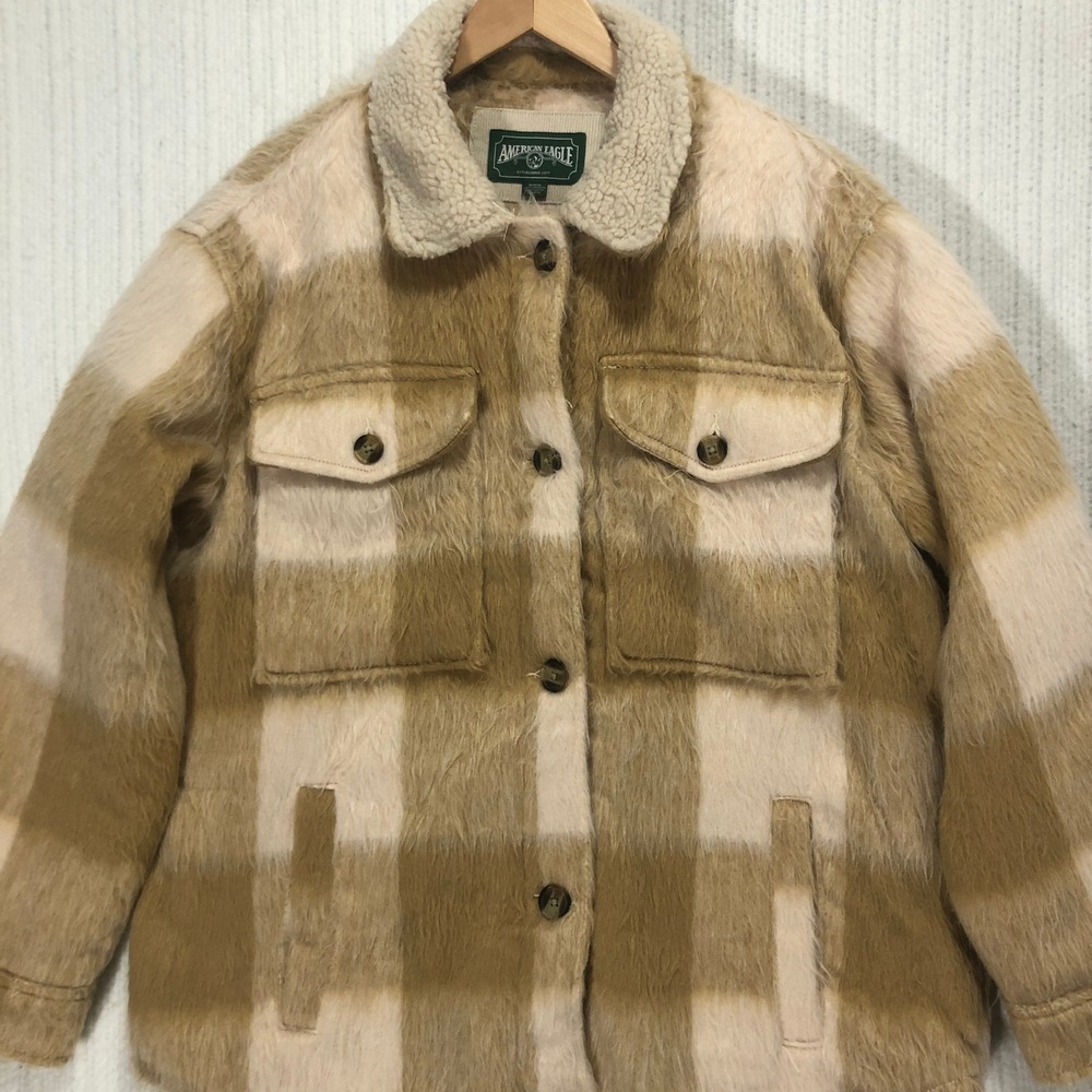 American Eagle Sherpa Lined‎ Plaid Shacket Jacket Button Up Women's Size Medium